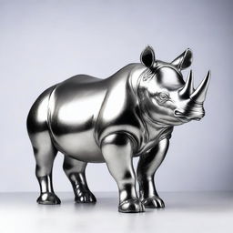 This is a high-quality image of a silver statue of a black rhino