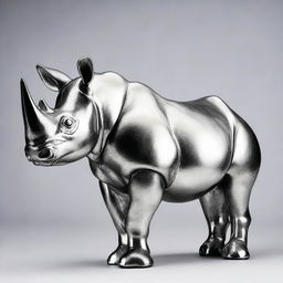 This is a high-quality image of a silver statue of a black rhino