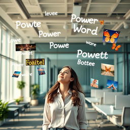 A woman standing in an office space, gazing thoughtfully at her surroundings, which are filled with floating positive power words and vibrant pictures that radiate inspiration
