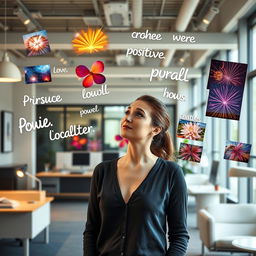 A woman standing in an office space, gazing thoughtfully at her surroundings, which are filled with floating positive power words and vibrant pictures that radiate inspiration