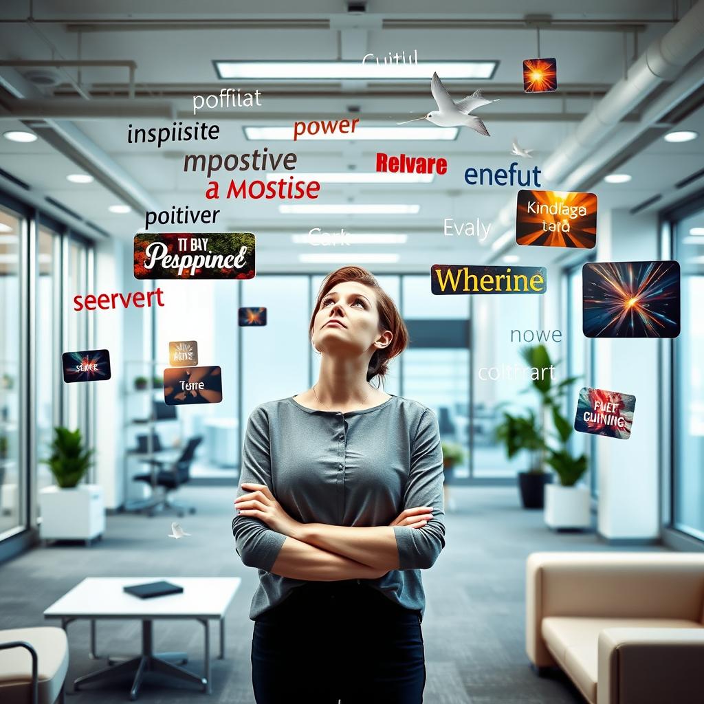 A woman standing in an office space, gazing thoughtfully at her surroundings, which are filled with floating positive power words and vibrant pictures that radiate inspiration
