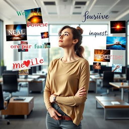 A woman standing in an office space, gazing thoughtfully at her surroundings, which are filled with floating positive power words and vibrant pictures that radiate inspiration