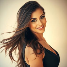 A portrait of a beautiful woman with long flowing hair and striking features, wearing a stylish, elegant dress