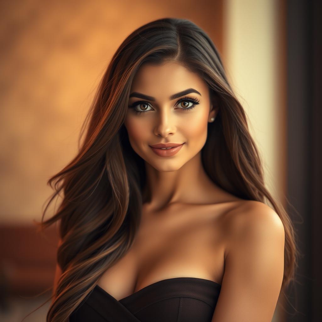 A portrait of a beautiful woman with long flowing hair and striking features, wearing a stylish, elegant dress