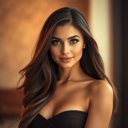 A portrait of a beautiful woman with long flowing hair and striking features, wearing a stylish, elegant dress