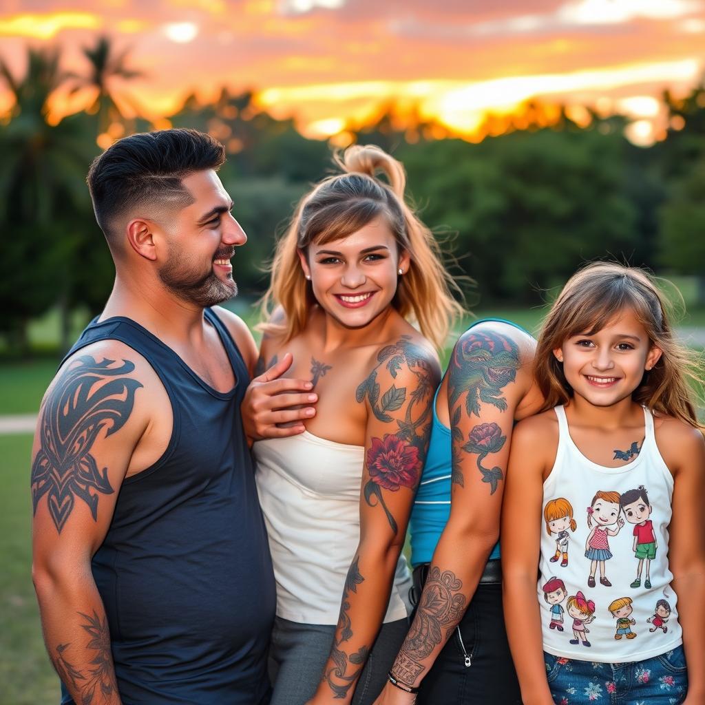 A family gathered together, each member showcasing unique and colorful tattoos that represent their individual personalities and interests