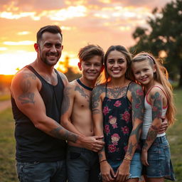 A family gathered together, each member showcasing unique and colorful tattoos that represent their individual personalities and interests
