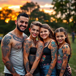 A family gathered together, each member showcasing unique and colorful tattoos that represent their individual personalities and interests