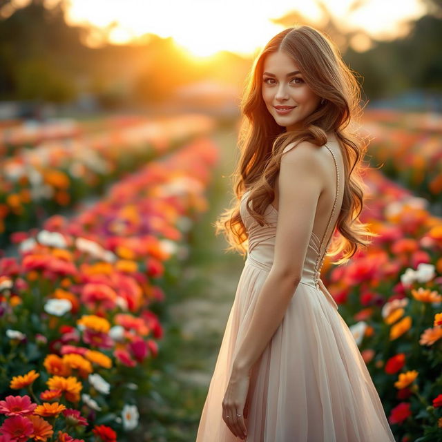 A beautiful woman with long flowing hair, wearing an elegant evening gown, standing gracefully in a picturesque garden filled with colorful flowers