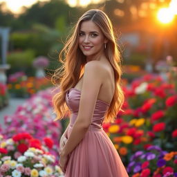 A beautiful woman with long flowing hair, wearing an elegant evening gown, standing gracefully in a picturesque garden filled with colorful flowers