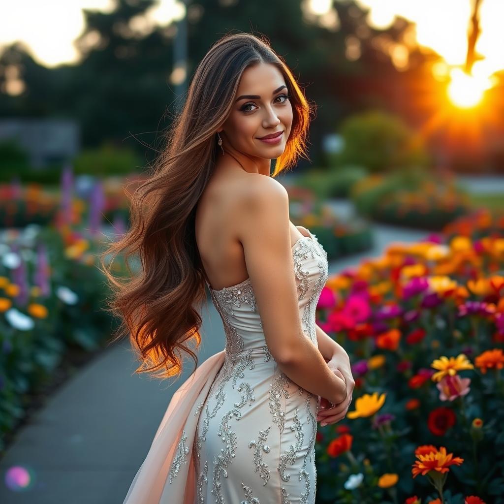 A beautiful woman with long flowing hair, wearing an elegant evening gown, standing gracefully in a picturesque garden filled with colorful flowers