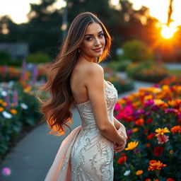 A beautiful woman with long flowing hair, wearing an elegant evening gown, standing gracefully in a picturesque garden filled with colorful flowers