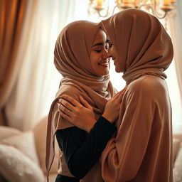 A romantic and intimate scene featuring a hijab-wearing woman in a soft, warmly lit environment