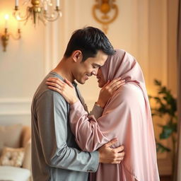 A romantic and intimate scene featuring a hijab-wearing woman in a soft, warmly lit environment