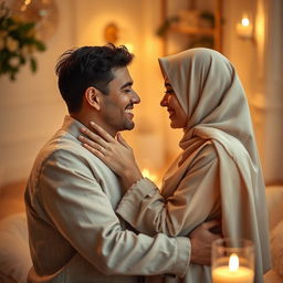 A romantic and intimate scene featuring a hijab-wearing woman in a soft, warmly lit environment