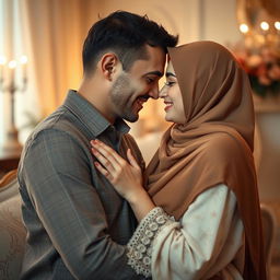 A romantic and intimate scene featuring a hijab-wearing woman in a soft, warmly lit environment