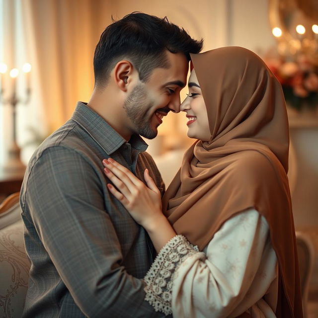 A romantic and intimate scene featuring a hijab-wearing woman in a soft, warmly lit environment