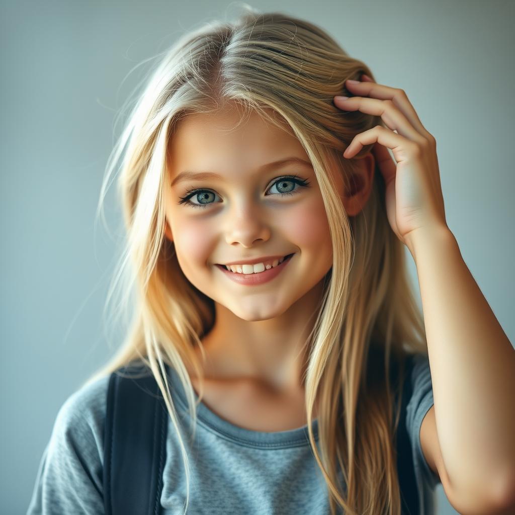 A simple, beautiful blonde girl with stunning eyes and an attractive figure, elegantly fixing her hair with her hand