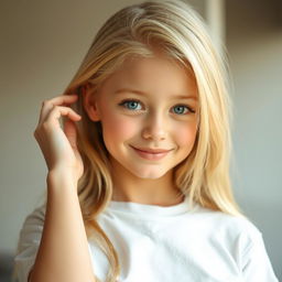 A simple, beautiful blonde girl with stunning eyes and an attractive figure, elegantly fixing her hair with her hand