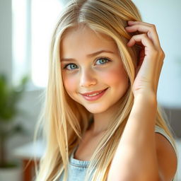 A simple, beautiful blonde girl with stunning eyes and an attractive figure, elegantly fixing her hair with her hand