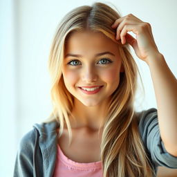 A simple, beautiful blonde girl with stunning eyes and an attractive figure, elegantly fixing her hair with her hand