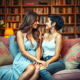 A romantic scene depicting two beautiful women sharing a tender moment together