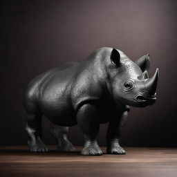 This is a high-quality image of a black rhino statue set against a black background