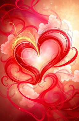 An abstract representation of love, featuring vibrant, swirling colors of red, pink, and gold