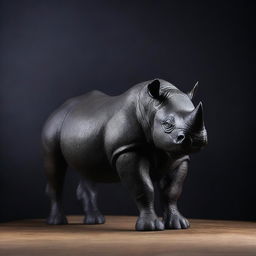 This is a high-quality image of a black rhino statue set against a black background