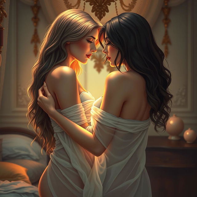 A sensual scene depicting two beautiful women embracing in an intimate setting, their bodies partially covered with sheer fabric