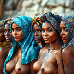 A group of women from various cultures, each wearing beautifully patterned headscarves, elegantly styled in a variety of ways