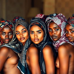 A group of women from various cultures, each wearing beautifully patterned headscarves, elegantly styled in a variety of ways