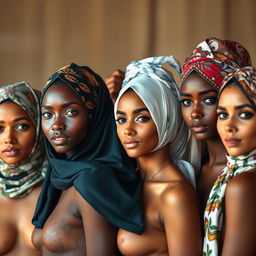 A group of women from various cultures, each wearing beautifully patterned headscarves, elegantly styled in a variety of ways