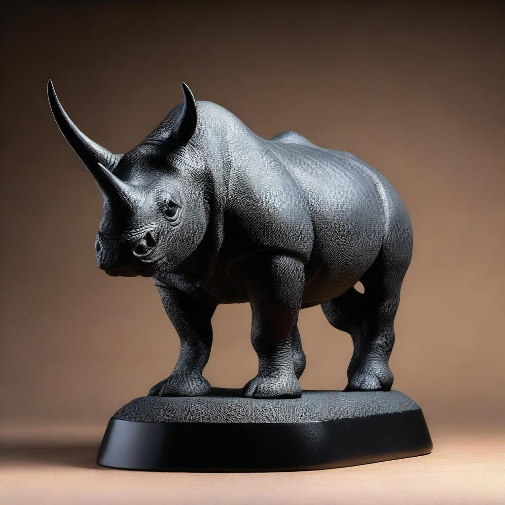 This is a high-quality image of a black rhino statue set against a black background