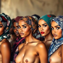 A group of women from various cultures, each wearing beautifully patterned headscarves, elegantly styled in a variety of ways