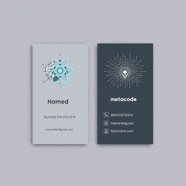 A modern, minimalist business card design for 'Hamed,' a front-end specialist who works with React