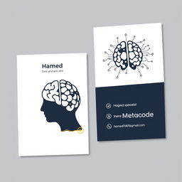 A modern, minimalist business card design for 'Hamed,' a front-end specialist who works with React