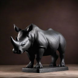 This is a high-quality image of a black rhino statue set against a black background