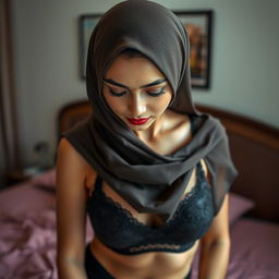 A portrait of a Malay mature woman wearing a hijab, exuding a sexy and feminine aura, featuring a bra and dark panties