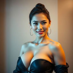 A beautiful Thai woman in her 30s, facing the camera directly with a provocative expression
