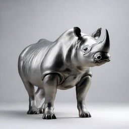 This is a high-quality image of a silver statue of a black rhino, presented with no background