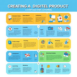 A highly detailed and visually engaging step-by-step infographic that illustrates the process of creating a digital product