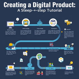 A highly detailed and visually engaging step-by-step infographic that illustrates the process of creating a digital product