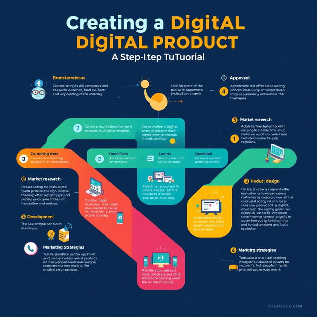 A highly detailed and visually engaging step-by-step infographic that illustrates the process of creating a digital product