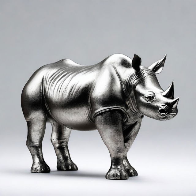 This is a high-quality image of a silver statue of a black rhino, presented with no background