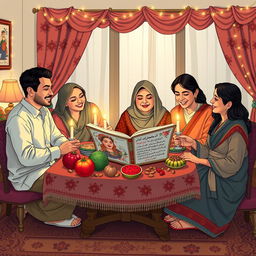 A warm and inviting scene depicting a happy Iranian family celebrating Yalda night in a beautifully decorated living room