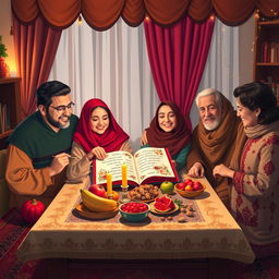 A warm and inviting scene depicting a happy Iranian family celebrating Yalda night in a beautifully decorated living room