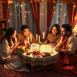 A warm and inviting scene depicting a happy Iranian family celebrating Yalda night in a beautifully decorated living room