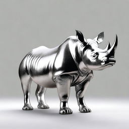 This is a high-quality image of a silver statue of a black rhino, presented with no background