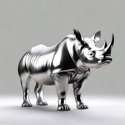 This is a high-quality image of a silver statue of a black rhino, presented with no background